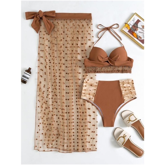 Rust brown Polka Dot Bikini Skirt Beach Swim Set - Picture 8 of 11